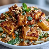 Vibrant Thai Mango Salad with crispy tofu, drizzled in peanut sauce.