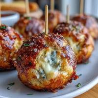Close-up of golden Derby Party Olive Cheese Balls on festive skewers, an irresistible appetizer.